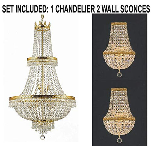 Set of 3-1 French Empire Crystal Chandelier Lighting H50" X W24" - Great for The Dining Room, Living Room! and 2 Empire Crystal Wall Sconce Lighting H 18" X W 9.5" X D 5" - 1EA CG/870/15 + 2EA WALLSCONCE/CG/4/5