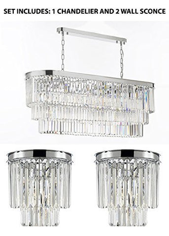Set Of 3: 1 Retro Palladium Glass Fringe Rectangular Chandelier Chandeliers Lighting Chrome Finish And 2 Palladium Empress Crystal (Tm) Glass Fringe 2-Tier Wall Sconce Lighting Chrome Finish - 1Ea 2164/12 + 2Ea 3/2164/Wallsconce