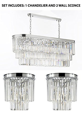 Set of 2: 1 Retro Palladium Glass Fringe Chandeliers Lighting Chrome Finish and 1 Palladium Empress Crystal (tm) Glass Fringe 2-tier Wall Sconce Lighting Chrome Finish - 1EA 2164/12 + 1EA 3/2164/WALLSCONCE
