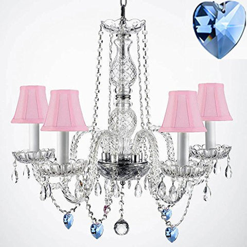 Authentic Empress Crystal(Tm) Chandelier Lighting Chandeliers With Blue Crystal Hearts And Pink Shades H25" X W24" - G46-Pinkshades/B85/384/5