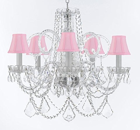Swarovski Crystal Trimmed Murano Venetian Style Chandelier Crystal Lights Fixture Pendant Ceiling Lamp for Dining Room, Bedroom, Entryway - W/Large, Luxe Crystals! H25" X W24" w/ Pink Shades - A46-CS/PINKSHADES/B94/B89/385/5SW