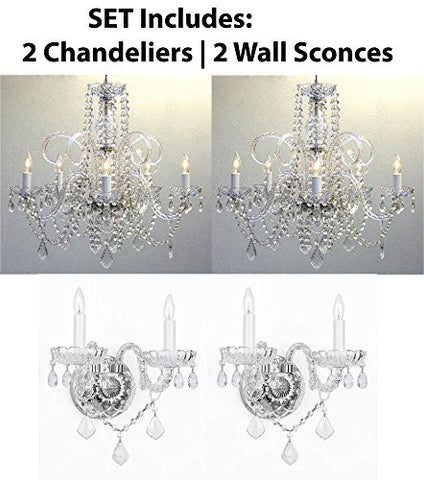 Four Piece Lighting Set - 2 Crystal Chandeliers H25" X W24" And 2 Wall Sconces - 2Ea 385/5 + 2Ea B12/2/386