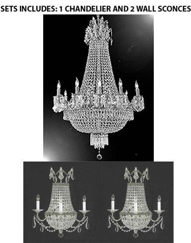 Set Of 3- 1 French Empire Crystal Chandelier Chandeliers Lighting 25X32 12 Lights And 2 Empire Crystal Wall Sconce Lighting W18" H23" D10" - 1Ea Cs/1280/8+4+2Ea CS/1/8/Wallsconce