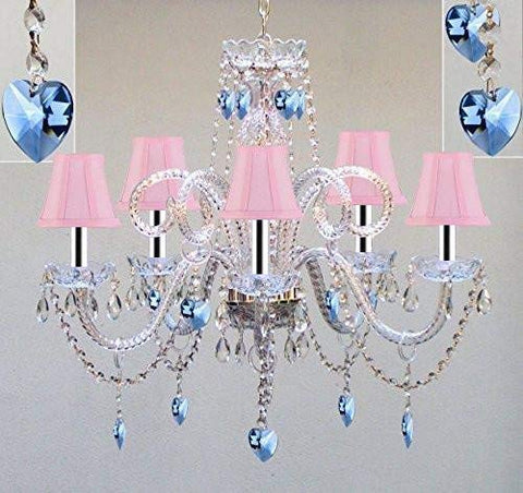 Chandelier Lighting W/Crystal Pink Shades & Hearts W/Chrome Sleeves! H25" x W24" - Perfect for Kid's and Girls Bedroom! - GO-B43/A46-PINKSHD/B85/387/5/PINKHEARTS