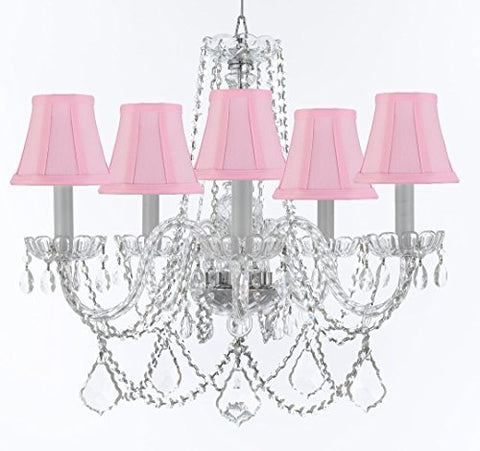 Murano Venetian Style Chandelier Crystal Lights Fixture Pendant Ceiling Lamp for Dining Room, Bedroom, Entryway , Living Room with Large, Luxe, Diamond Cut Crystals! H25" X W24" w/ Pink Shades - A46-PINKSHADES/B94/B89/384/5DC