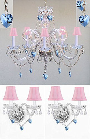 3Pc Lighting Set - Crystal Chandelier And 2 Wall Sconces W/ Blue Crystal Hearts And Pink Shades - Pnkshd/B85/387/5+2Ea Pnkshd/B85/2/386