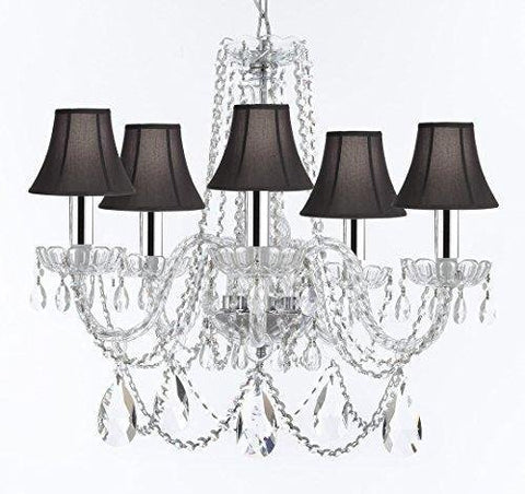 Swarovski Crystal Trimmed Murano Venetian Style Chandelier Crystal Lights Fixture Pendant Ceiling Lamp for Dining Room, w/Large, Luxe Crystals w/Chrome Sleeves! H25" X W24" w/Black Shades - A46-B43/BLACKSHADES/B93/B89/384/5SW