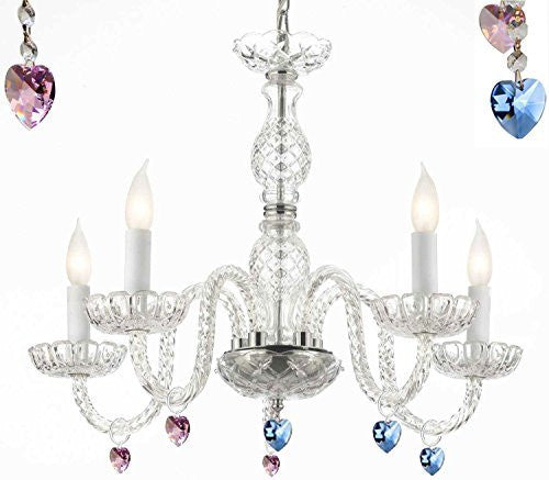 Murano Venetian Style Chandelier Lighting With Blue And Pink Crystal Hearts H 25" W 24" - Perfect For Kid'S And Girls Bedroom - G46-B85/B21/B11/384/5