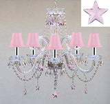 Empress Crystal(TM) Chandelier Lighting with Pink Crystal Stars w/Chrome Sleeves H25" X W24" - Nursery, Kids, Girls Bedrooms, Kitchen, Etc! - GO-B43/A46-PINKSHADES/B38/387/5/PINK