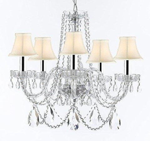Swarovski Crystal Trimmed Murano Venetian Style Chandelier Crystal Lights Fixture Pendant Ceiling Lamp for Dining Room, Living Room w/Large, Luxe Crystals w/Chrome Sleeves! H25" X W24" w/White Shades - A46-B43/WHITESHADES/B93/B89/384/5SW