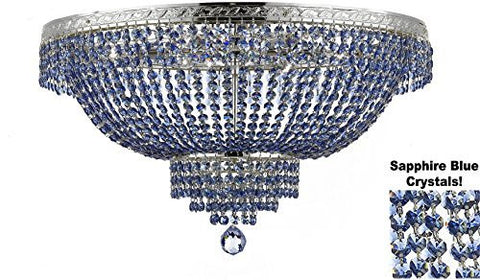 French Empire Semi Flush Crystal Chandelier Lighting - Dressed With Sapphire Blue Color Crystals H21" X W30" - F93-B82/Flush/Cs/870/14