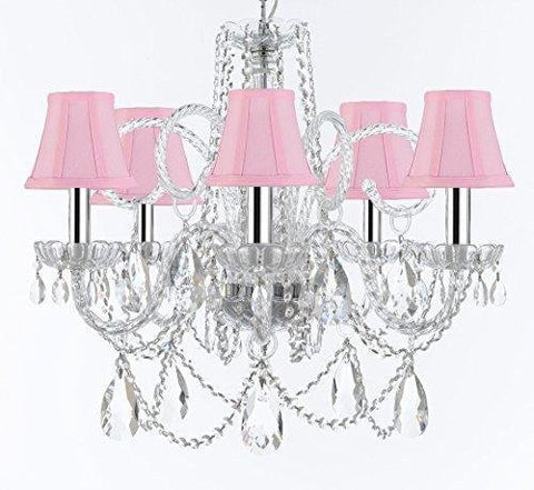 Swarovski Crystal Trimmed Murano Venetian Style Chandelier Crystal Lights Fixture Pendant Ceiling Lamp for Dining Room, Bedroom - W/Large, Luxe Crystals w/Chrome Sleeves! H25" X W24" w/Pink Shades - A46-B43/PINKSHADES/B93/B89/385/5SW
