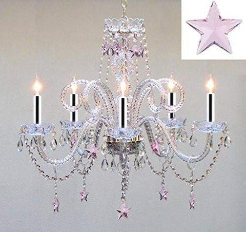 Swarovski Crystal Trimmed Chandelier! Crystal Chandelier Lighting with Pink Crystal Stars w/Chrome Sleeves H25" X W24" - Nursery, Kids, Girls Bedrooms, Kitchen, Etc! - GO-B43/A46-B38/387/5/PINK SW