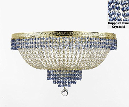 Flush French Empire Crystal Chandelier Lighting Trimmed With Sapphire Blue Crystal Good For Dining Room Foyer Entryway Family Room And More H21" W30" - F93-B83/Cg/Flush/870/14