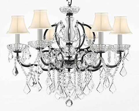 Nineteenth C. Baroque Iron & Crystal Chandelier Lighting Dressed With Empress Crystal And White Shades H 25" X W 26" - G83-Whiteshades/994/6