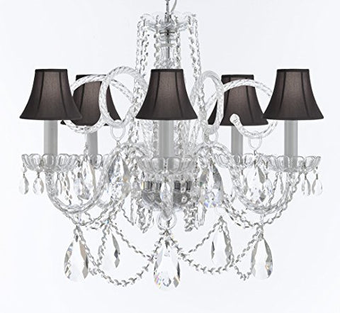 Swarovski Crystal Trimmed Murano Venetian Style Chandelier Crystal Lights Fixture Pendant Ceiling Lamp for Dining Room, Bedroom, Entryway - W/Large, Luxe Crystals! H25" X W24" w/ Black Shades - A46-BLACKSHADES/B93/B89/385/5SW