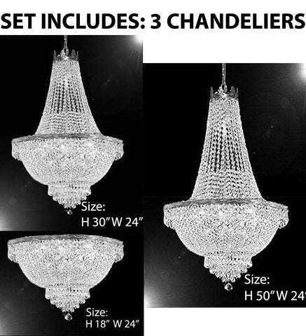 Set of 3-1 French Empire Crystal Chandelier Lighting H50 X W24 & 1 French Empire Crystal Chandelier Lighting H30 X W24 and French Empire Crystal Semi Flush Basket Chandelier Chandeliers Lighting H18 - C7/CS/870/9+CS/870/9+ FLUSH/CS/870/9 A500-