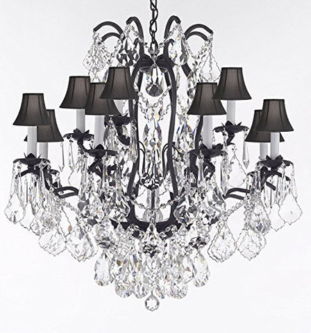 Wrought Iron Crystal Chandelier Lighting Trimmed with Swarovski Crystal! Good for Dining Room, Foyer, Entryway, Family Room, Bedroom, Living Room and More! H 36" W 36" 15 Lights - A83-B91/BLACKSHADES/3034/10+5SW