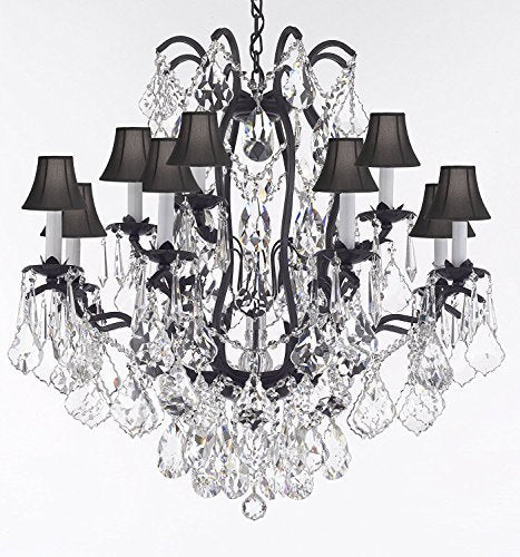 Wrought Iron Crystal Chandelier Lighting Dressed With Diamond Cut Crystal Good For Dining Room Foyer Entryway Family Room Bedroom Living Room And More H 36" W 36" 15 Lights - A83-B91/Blackshades/3034/10+5Dc