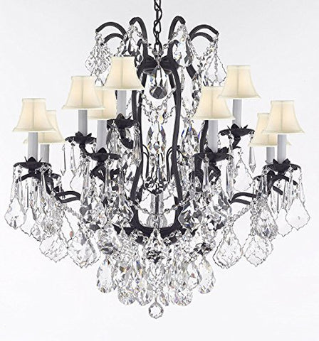 Wrought Iron Crystal Chandelier Lighting Trimmed with Swarovski Crystal! Good for Dining Room, Foyer, Entryway, Family Room, Bedroom, Living Room and More! H 36" W 36" 15 Lights - A83-B91/WHITESHADES/3034/10+5SW