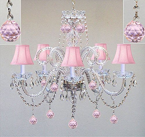 Chandelier Lighting W/ Crystal Pink Shades & Balls H25" X W24" - Perfect For Kid'S And Girls Bedroom - Go-A46-Pinkshades/387/5/Pinkballs