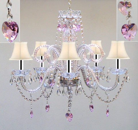 Chandelier Lighting w/Crystal White Shades & Hearts w/Chrome Sleeves H25" X W24" - Perfect for Kid's and Girls Bedroom! - GO-B43/A46-SC/WHTSHADE/HEARTS/387/5/PINK