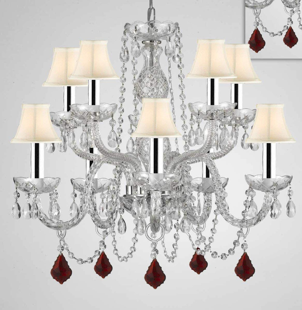 Chandelier Lighting Crystal Chandeliers H25" X W24" 10 Lights w/Chrome Sleeves - Dressed w/Ruby Red Crystals! Great for Dining Room, Foyer, Entry Way, Living Room, Bedroom, Kitchen! w/White Shades - G46-B43/B98/WHITESHADES/CS/1122/5+5
