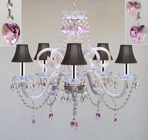 Chandelier Lighting w/Crystal Black Shades & Hearts w/Chrome Sleeves! H25" X W24" - Perfect for Kid's and Girls Bedroom! - GO-B43/A46-SC/BLKSHADE/HEARTS/387/5/BLK