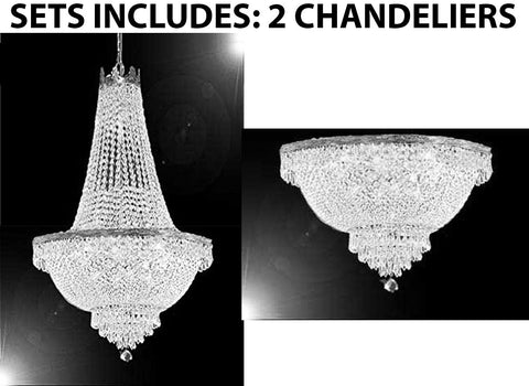 Set of 2 - 1 French Empire Crystal Chandelier Lighting - Great for the Dining Room! H50" X W24" and 1 French Empire Crystal Semi Flush Basket Chandelier Chandeliers Lighting H18" X W24" - 1EA C7/CS/870/9 + 1EA FLUSH/CS/870/9
