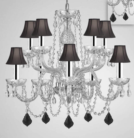Chandelier Lighting Crystal Chandeliers H25" X W24" 10 Lights w/Chrome Sleeves - Dressed w/Jet Black Crystals! Great for Dining Room, Foyer, Entry Way, Living Room, Bedroom, Kitchen! w/Black Shades - G46-B43/B97/BLACKSHADES/CS/1122/5+5