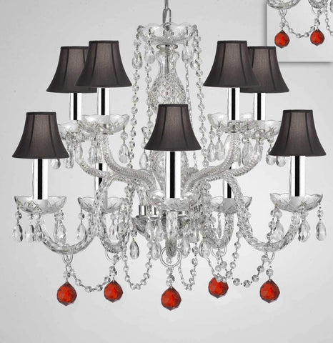 Chandelier Lighting Crystal Chandeliers H25" X W24" 10 Lights - Dressed w/Ruby Red Crystal Balls w/Chrome Sleeves! Great for Dining Room, Foyer, Living Room, Bedroom, Kitchen! w/Black Shades - G46-B43/B96/BLACKSHADES/CS/1122/5+5