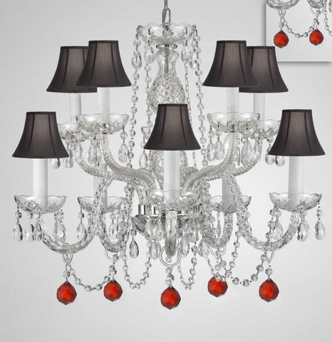 Chandelier Lighting Crystal Chandeliers H25" X W24" 10 Lights - Dressed w/ Ruby Red Crystal Balls! Great for Dining Room, Foyer, Entry Way, Living Room, Bedroom, Kitchen! w/Black Shades - G46-B96/BLACKSHADES/CS/1122/5+5