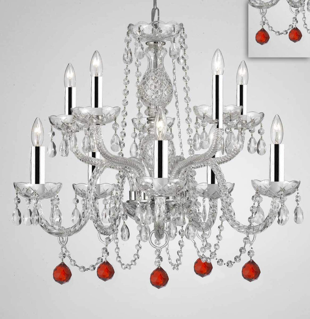 Chandelier Lighting Crystal Chandeliers H25" X W24" 10 Lights - Dressed w/Ruby Red Crystal Balls w/Chrome Sleeves! Great for Dining Room, Foyer, Living Room, Bedroom, Kitchen! - G46-B43/B96/CS/1122/5+5