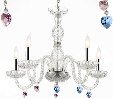 Murano Venetian Style Chandelier Lighting with Blue and Pink Crystal Hearts W/Chrome Sleeves! H 25" W 24" - Perfect for Kid's and Girls Bedroom! - G46-B43/B85/B21/B11/384/5