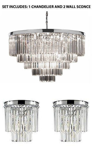 Set Of 3: 1 Retro Palladium Crystal Glass Fringe Chandelier Chrome Finish H25" W33.5" And 2 Palladium Empress Crystal (Tm) Glass Fringe 2-Tier Wall Sconce Lighting Chrome Finish - 1Ea 2164/18 + 2Ea 3/2164/Wallsconce