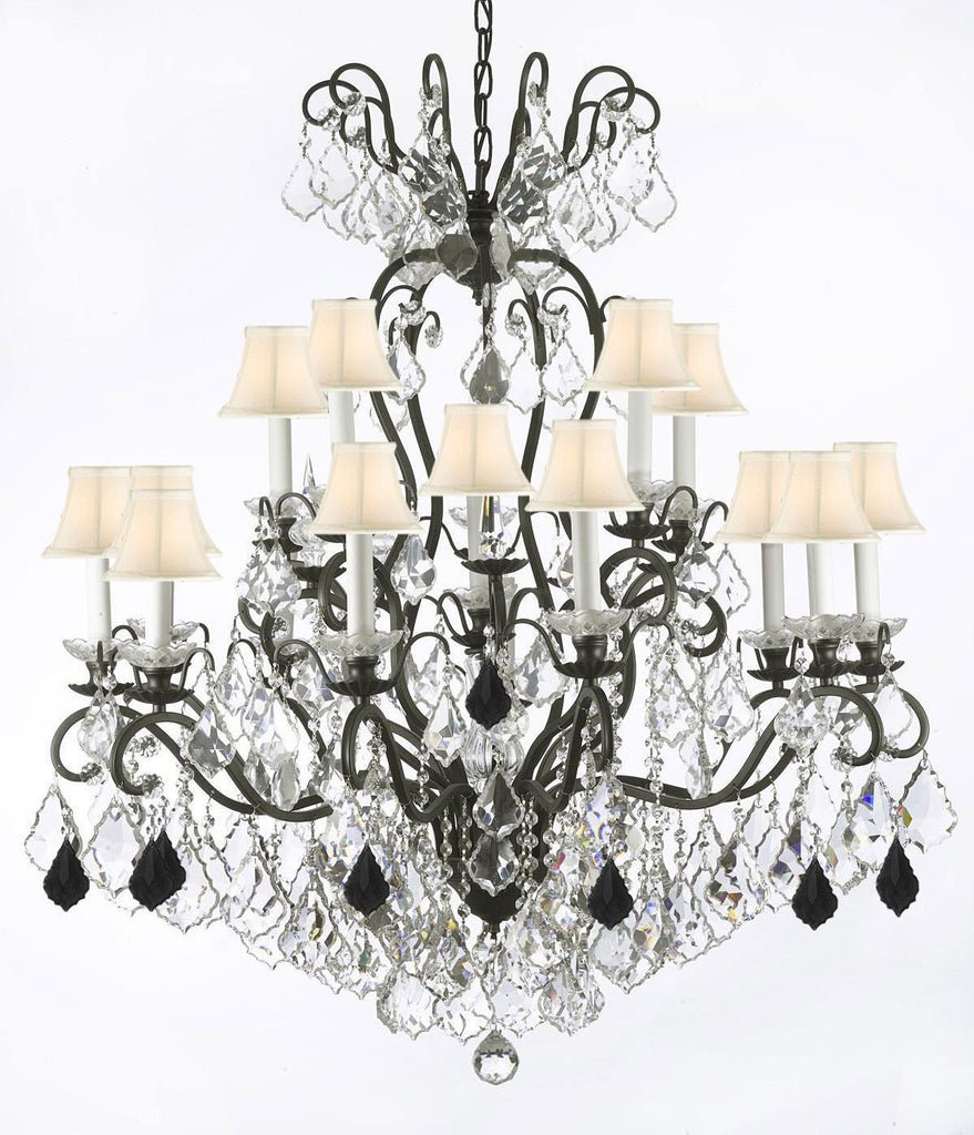 Swarovski Crystal Trimmed Chandelier Wrought Iron Crystal Chandelier Lighting Dressed with Jet Black Crystals W38" H44" - Great for the Dining Room, Foyer, Entry Way, Living Room w/White Shades - F83-B97/WHITESHADES/556/16SW