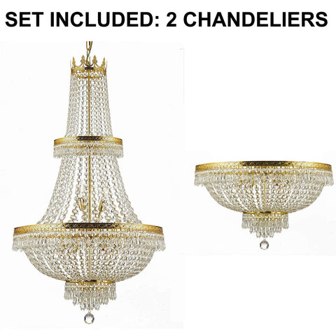 Set of 2-1 French Empire Crystal Chandelier Lighting H50" X W24" - Great for The Dining Room, Foyer, Living Room! and 1 French Empire Crystal Semi Flush Chandelier Lighting H18" X W24" - 1EA CG/870/15 + 1EA FLUSH/870/9