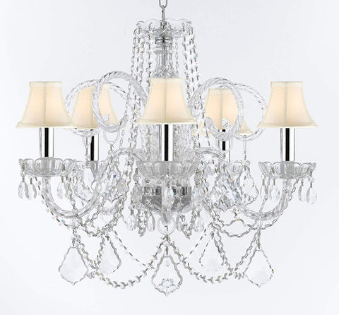Swarovski Crystal Trimmed Murano Venetian Style Chandelier Crystal Lights Fixture Pendant Ceiling Lamp for Dining Room - W/Large, Luxe Crystals w/Chrome Sleeves! H25" X W24" w/White Shades - A46-B43/CS/WHITESHADES/B94/B89/385/5SW