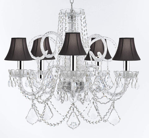 Murano Venetian Style Chandelier Crystal Lights Fixture Pendant Ceiling Lamp for Dining Room, Bedroom, Living Room w/Large, Luxe, Diamond Cut Crystals w/Chrome Sleeves! H25" X W24" w/Black Shades - A46-B43/CS/BLACKSHADES/B94/B89/385/5DC