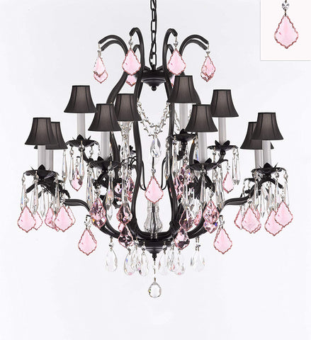 Wrought Iron Crystal Chandelier Lighting Chandeliers H30" x W28" Dressed with Pink Crystals and Black Shades! Great for Bedroom, Kitchen, Dining Room, Living Room, and more! - F83-B110/3034/8+4-BLACKSHADES