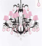 Wrought Iron Crystal Chandelier Lighting Chandeliers H30" x W28" Dressed with Pink Crystals and Pink Shades! Great for Bedroom, Kitchen, Dining Room, Living Room, and more! - F83-B110/3034/8+4-PINKSHADES