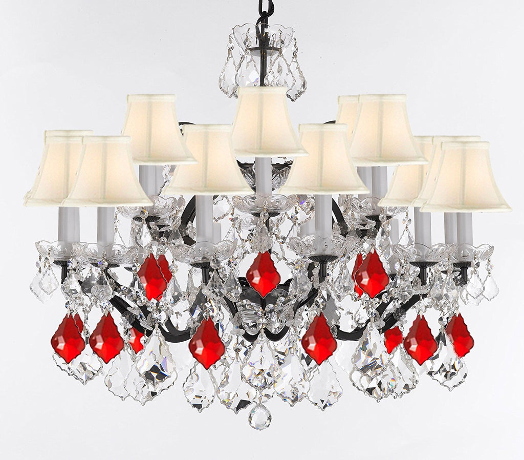 Swarovski Crystal Trimmed Chandelier 19th C. Baroque Iron & Crystal Chandelier Lighting- Dressed w/Ruby Red Crystals Great for Kitchens, Bathrooms, Closets, & Dining Rooms H 28"xW 30" w/White Shades - G83-B98/WHITESHADES/995/18SW