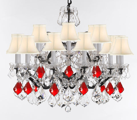 19th C. Baroque Iron & Crystal Chandelier Lighting Dressed w/Empress Crystal (tm) - Dressed w/Ruby Red Crystals Great for Kitchens, Closets, and Dining Rooms H 28" x W 30" w/White Shades - G83-B98/WHITESHADES/995/18