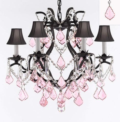 Wrought Iron Crystal Chandelier Lighting Chandeliers H19" x W20" Dressed with Swarovski Crystals and with Pink Crystals and Black Shades! Great for Bedroom, Kitchen, Dining Room, Living Room, and more - F83-B20/BLACKSHADES/3530/6SW