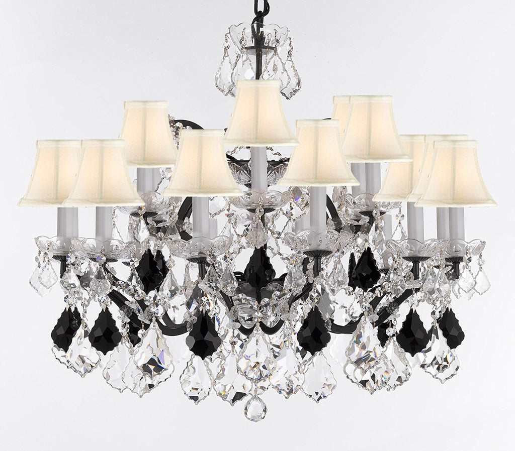 Swarovski Crystal Trimmed Chandelier 19th C. Baroque Iron & Crystal Chandelier Lighting- Dressed w/Jet Black Crystals Great for Kitchens, Bathrooms, Closets, &Dining Rooms H 28"xW 30" w/White Shades - G83-B97/WHITESHADES/995/18SW