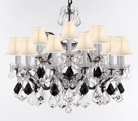 19th C. Baroque Iron & Crystal Chandelier Lighting Dressed w/Empress Crystal (tm) - Dressed w/Jet Black Crystals Great for Kitchens, Closets, and Dining Rooms H 28" x W 30" w/White Shades - G83-B97/WHITESHADES/995/18