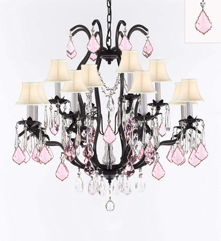 Wrought Iron Crystal Chandelier Lighting Chandeliers H30" x W28" Dressed with Pink Crystals and White Shades! Great for Bedroom, Kitchen, Dining Room, Living Room, and more! - F83-B110/3034/8+4-WHITESHADES