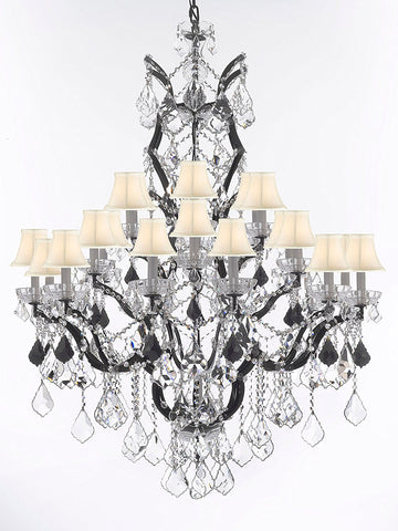 Swarovski Crystal Trimmed Chandelier 19th C. Baroque Iron & Crystal Chandelier Lighting Dressed w/Jet Black Crystals H 52" x W 41" - Great for the Dining Room, Entry Way, Living Room w/White Shades - G83-B97/WHITESHADES/996/25SW