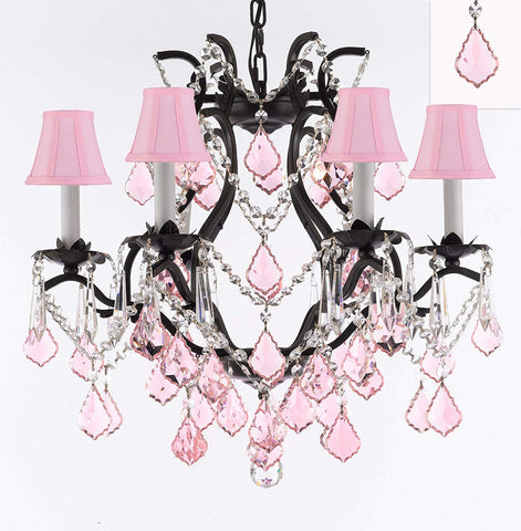 Wrought Iron Crystal Chandelier Lighting Chandeliers H19" x W20" Dressed with Swarovski Crystals and with Pink Crystals and Pink Shades! Great for Bedroom, Kitchen, Dining Room, Living Room, and More - F83-B20/PINKSHADES/3530/6SW