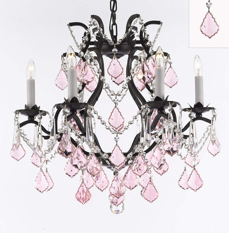 Wrought Iron Crystal Chandelier Lighting Chandeliers H19" x W20" Dressed with Swarovski Crystals and with Pink Crystals! Great for Bedroom, Kitchen, Dining Room, Living Room, and More! - F83-B20/3530/6SW